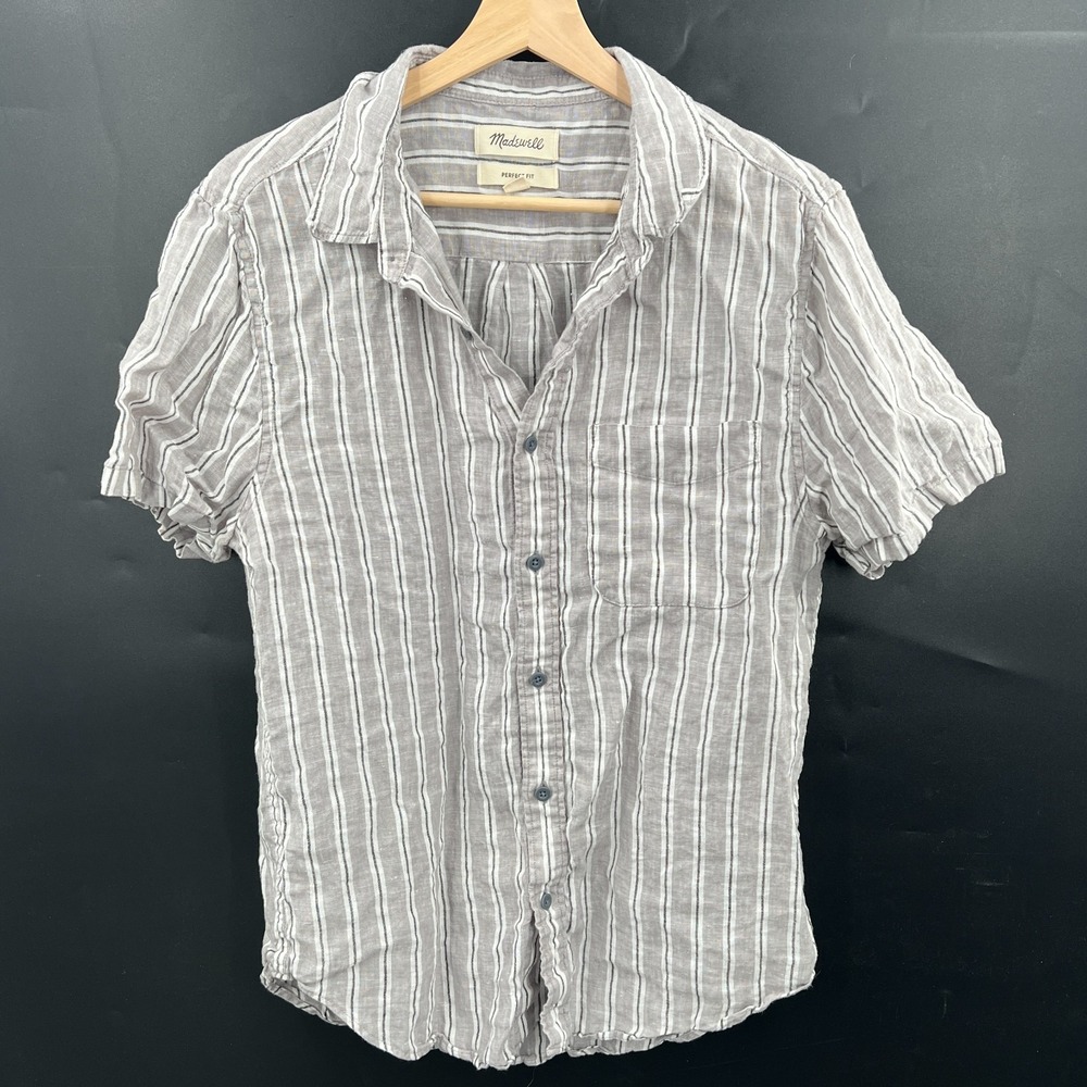 Madewell Perfect fit 100% linen striped button front shirt gray resort classic S
